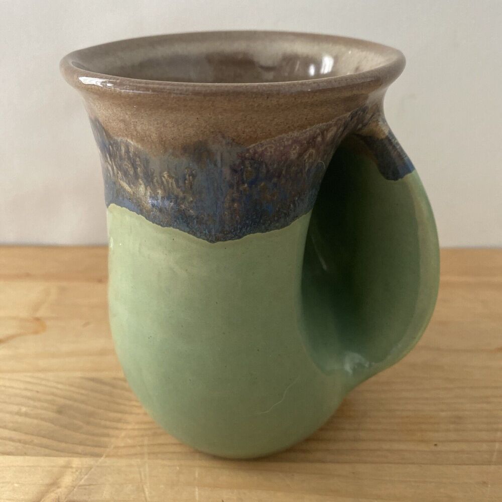Studio Art Pottery Mug Green/Blue Drip Glaze Hidden Handle Signed
